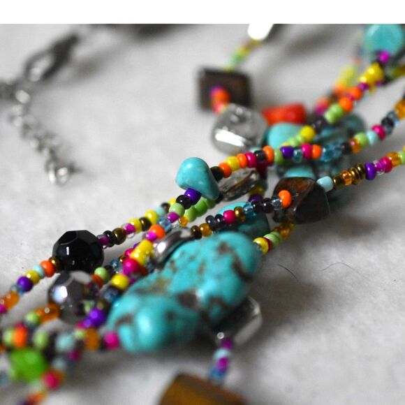 Genuine Turquoise Layered Multi Color/Shape Beads/Stones Silver Tone Necklace - Picture 3 of 5